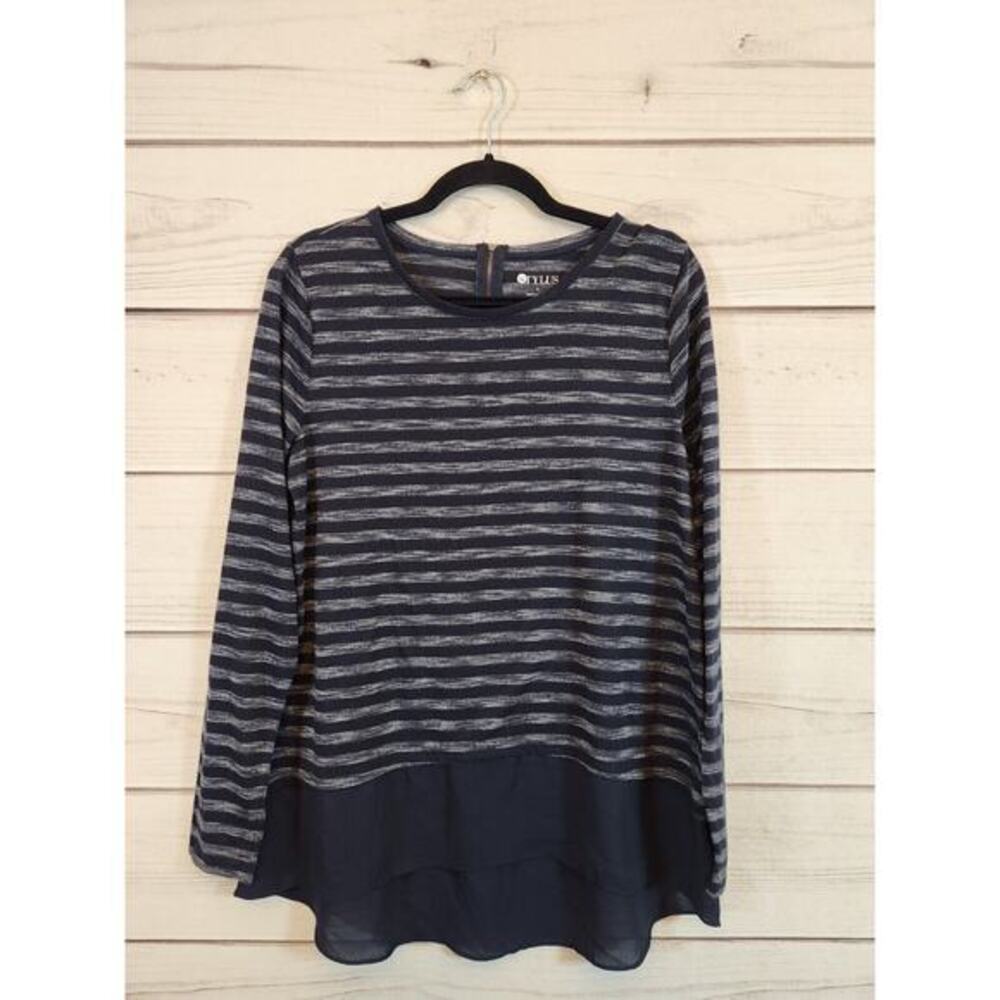 Stylus Women's‎ Navy Blue Long Sleeve Striped High Low Layered T-Shirt Size L